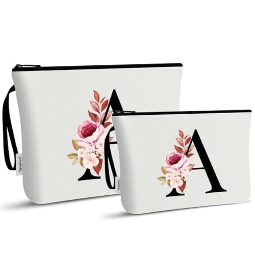 Vavabox A-Z Personalized Makeup Bag, Birthday Gifts for Women Mom, Gifts for Best Friend, Bride Bridesmaid Cosmetic bag (A, 03-White Set) - Image 1
