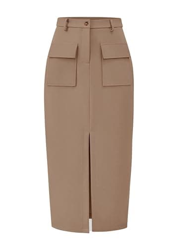 KIRUNDO Midi Skirts for Women Spring Summer High Waisted Cargo Trendy Pencil Slit Dressy Casual Business Work Long Skirt(Light Khaki, X-Large) - Image 1