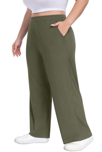 Lastshe Plus Size Wide Leg Pants for Women High Waisted Pull On Stretchy Knit Trousers Comfy Lounge Slacks,Military Green,2X - Thumbnail 4