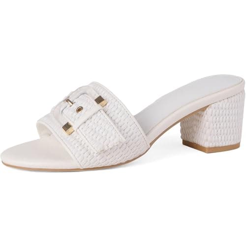 COMFITORIA Women's Raffia Heeled Sandals Low Block Chunky Heel Sandals Open Toe Buckle Strap Beach Slip on Mules Summer Vacation Casual Dressy Shoes, White, Size 10 - Image 1