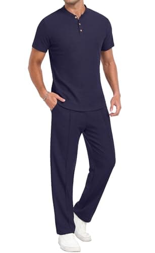 PrinStory Men's Short Sleeve Outfits Waffle Knit Henley Shirt and Pants Set Casual 2 Pieces Summer Tracksuits with Pockets Navy Blue-M - Image 1