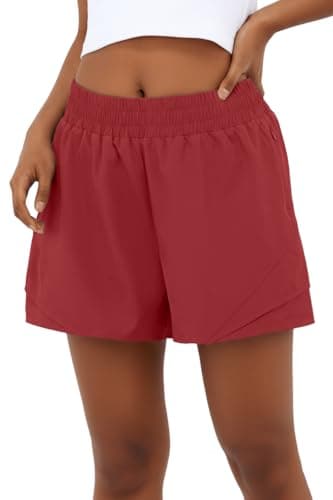 PrinStory Athletic Shorts for Women High Waisted 2 in 1 Running Quick Dry Gym Workout Shorts with Zipper Pockets Red-L - Thumbnail 2