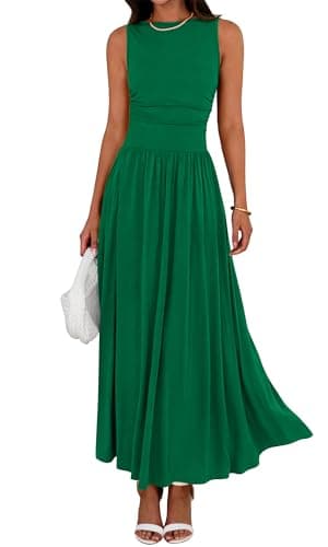 BTFBM Summer Maxi Dresses for Women 2026 Spring Sleeveless Casual Ruched High Waisted Long Sundress Flowy Beach Dress(Green, X-Large) - Image 1