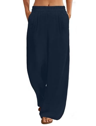 FireSwan Linen Pants Women Wide Leg Palazzo Pants Flowy Elastic Waist Summer Beach Casual Trousers with Pockets(Navy M) - Image 1