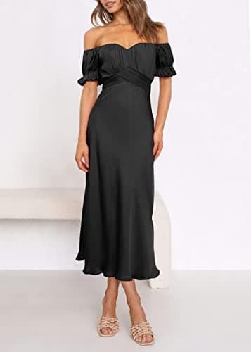 KIRUNDO Women's 2026 Spring Summer Satin Wedding Guest Midi Dress Off The Shoulder Wrap Party Cocktail Formal Prom Dresses(Black, Large) - Thumbnail 2