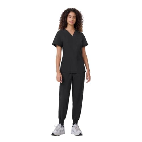 ANGEL GUARD Scrubs for Women Set, V-Neck Medical Scrubs with 13 Pockets, Yoga Waistband Slim Fit Uniform