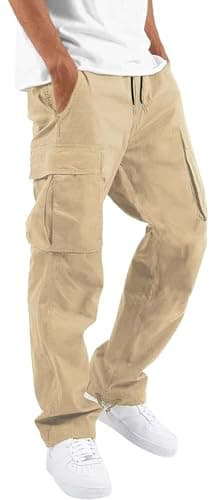 ALLABREVE Mens Casual Joggers Pants Hiking Drawstring Chino Cargo Pants Lightweight Outdoor Twill Track Jogging Sweatpants Cotton Loose Straight Leg Pants (Beige 30) - Image 1