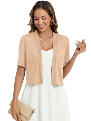 Heymoments Women's Thin Shrugs for Dresses Khaki Medium Open Front Short Sleeve Lightweight Coat Cropped Tops Shawls and Wraps Cardigan Dressy Clothes - Thumbnail 3