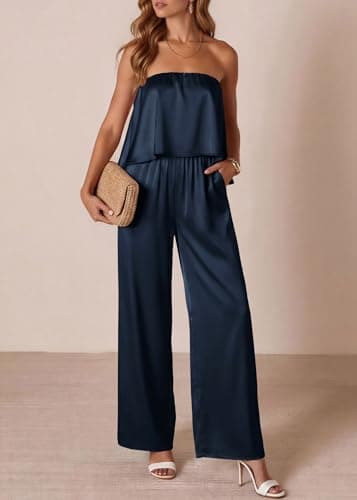 KIRUNDO Strapless Jumpsuits For Women Dressy 2026 Casual Satin Summer Romper Flowy Tube Top One Piece Vacation Outfits(Navy Blue, Small) - Thumbnail 2