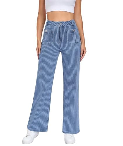 MARIASHA Wide Leg Jeans for Women, High Waist Stretchy Baggy Jeans, Blue Washed Denim Pants with Dual Pockets - Image 1