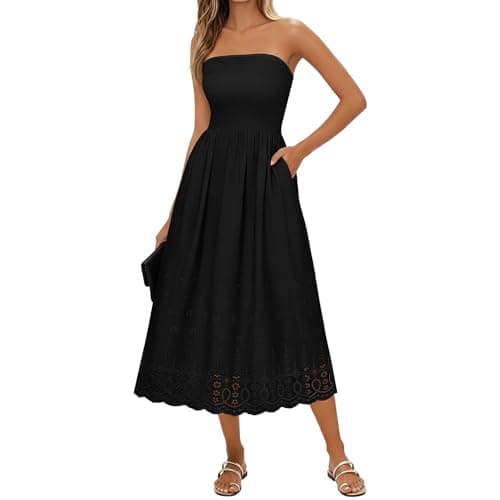Lazysmile Summer Boho Maxi Dress for Women Strapless Tube Top Lace Trim A Line Beach Casual Long Dress Black - Image 1