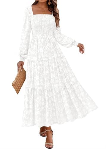 KIRUNDO Wedding Guest Dresses for Women Spring 2026 Long Sleeve Smocked Floral Flowy A Line Boho Maxi Dress Fashion Clothing (White, XX-Large) - Image 1