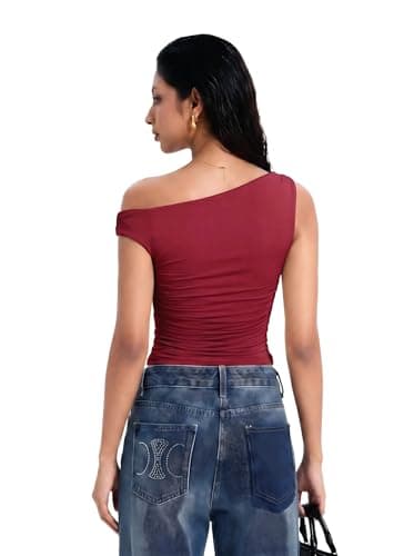 Date Outfits Red Off The Shoulder for Women Double Layered Sleeveless Y2K Going Out Crop Tank Blouses Shirt (Wine,L) - Thumbnail 3