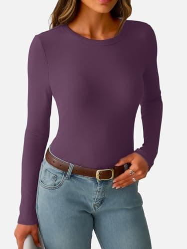 GKBK Ribbed Long Sleeve Tops for Women Fitted Basic Tight T-Shirts Crewneck Cute Layering Tops Lightweight Fall Sweaters 2026 Fashion Outfits Winter Clothes Purple - Thumbnail 2