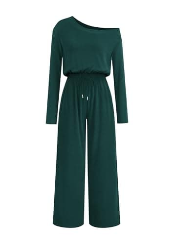 Lazysmile Jumpsuits For Women Dressy Long Sleeve Off Shoulder One Piece Wide Legs Rompers Casual Fall Outfits with Pockets - Image 1