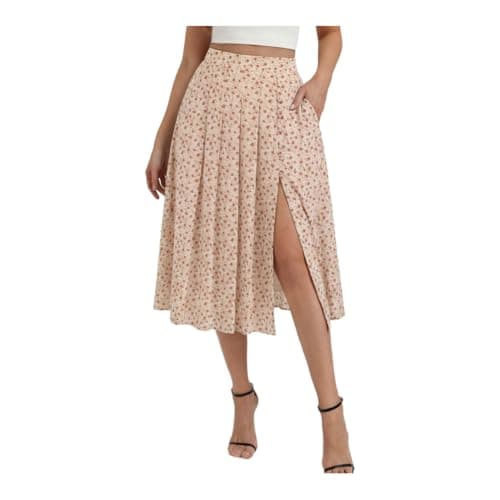 Belle Poque Women's Floral Midi Skirts with Slit High Waist Pleated Skirts Flowy A-Line Skirts with Pockets Spring Summer 2026 Yellow S - Image 1