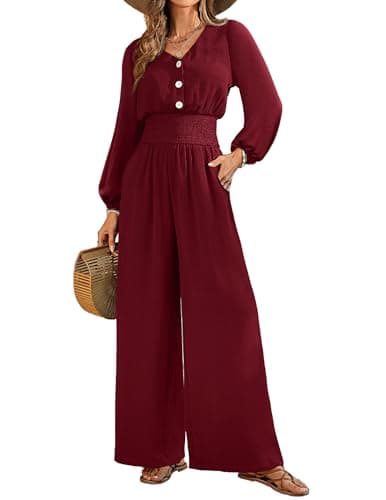 LOOKBOHO Womens Jumpsuits 2026 Long Sleeve V Neck High Waist Wide Leg Romper Dressy Casual Fall One Piece Outfits Wine Red Small - Image 1