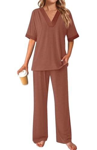 GKBK Womens Two Piece Outfits Pajama Sets 3/4 Dolman Sleeve V Neck Sleepwear Nightwear Loungewear Matching Pjs 2 Piece Lounge Set Lightweight Sweatsuit Fall Fashion Ooutfit Brown L - Thumbnail 6