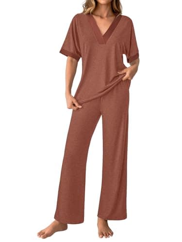 GKBK Womens Two Piece Outfits Pajama Sets 3/4 Dolman Sleeve V Neck Sleepwear Nightwear Loungewear Matching Pjs 2 Piece Lounge Set Lightweight Sweatsuit Fall Fashion Ooutfit Brown L - Image 1