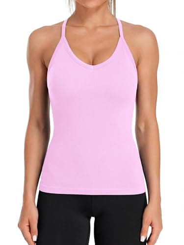 ATTRACO Ribbed Workout Tank Tops for Women Racerback Yoga Summer Camisole with Built in Bra Pink XL - Image 1