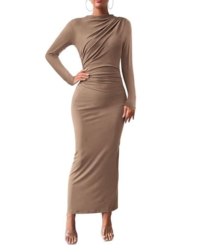 BTFBM Women Bodycon Maxi Dress Long Sleeve Back Slit Ruched Elegant Party Cocktail Formal Fall Wedding Guest Dresses(Khaki, Small) - Image 1