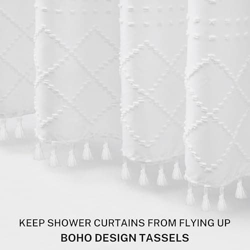 White Boho Shower Curtain Fabric Shower Curtains with Tassel 72 x 72 Modern Textured Shower Curtain Farmhouse Minimalist, Tufted Chevron Striped Shabby Chic, Water Resistant Cloth Curtain for Bathroom - Thumbnail 3