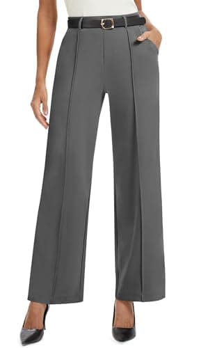 AVAMO Wide Leg Dress Pants for Women Pull On Stretchy Work Pants with Pockets High Elastic Waist Office Business Dark Gray - Image 1