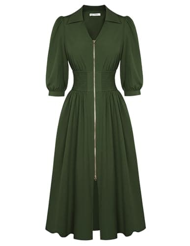 GRACE KARIN Modest Short Sleeve Dresses 2026 Fit and Flare, V Neck Casual Dress Flowy, Summer Midi Dress Pockets Office Solid Army Green Size M - Image 1