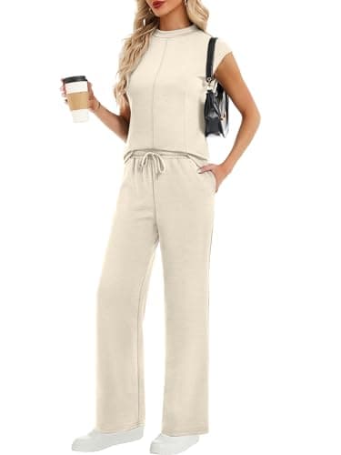 Casly Lamiit Lounge Sets for Women 2 Piece Summer Vacation Travel Outfits Mock Neck Cap Sleeve Pants Set Spring Airport Outfit 2026 Beige 2XL - Image 1
