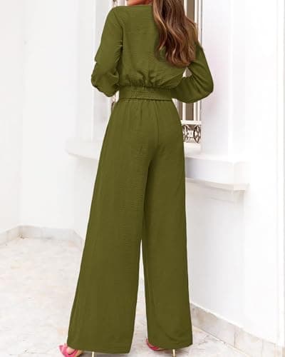 PRETTYGARDEN Women's 2 Piece Outfits 2026 Spring Fashion V Neck Long Sleeve Strappy Crop Top Wide Leg Pant Lounge Sets(Olive Green,Large) - Thumbnail 5