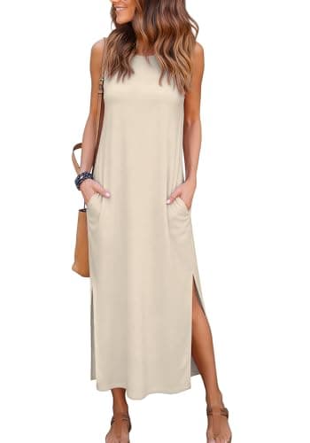 RUMIA Vestidos Casuales para Mujer Summer Maxi Dresses Sleeveless Beach Vacation Clothing Beige S - Image 1