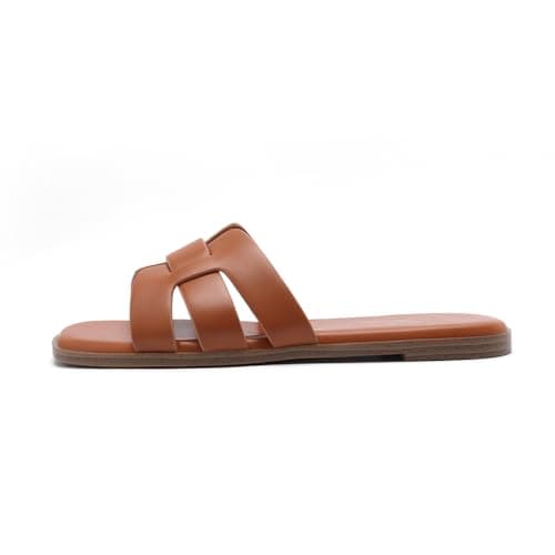 Athlefit Brown Sandals Women Dressy Summer Flat Sandals Square Open Toe Slip On Leather Slide Sandals Size 10 - Thumbnail 3