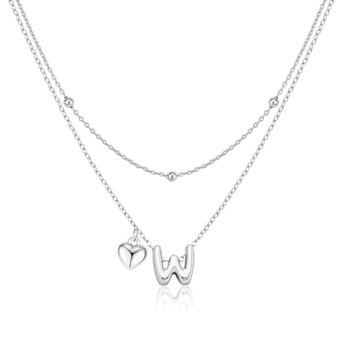 adoyi Valentines Day Gifts Silver Heart Initial Necklaces for Women 14k Gold Plated Layered bubble Letter Necklace Dainty Heart W Pendant Necklace Stack Birthday Valentines Day Gifts for Women Jewelry - Image 1
