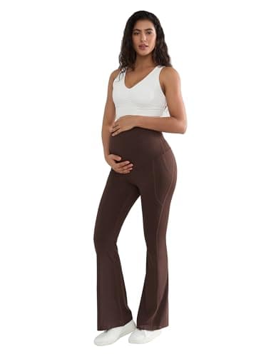 BRATUC Maternity Flare Pants Buttery Soft Bootcut Pregnancy Yoga Leggings Over Belly Workout Bell Bottoms with Pockets (X-Large, Coffee Brown) - Thumbnail 2