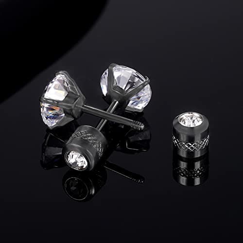 Titanium Screw Back Earrings Black 316L Surgical Stainless Steel Cubic Zirconia Fake Diamond Flat Back Stud Hypoallergenic for Sensitive Ear for Women Men Teen CZ Twist Piercing Post - Thumbnail 6