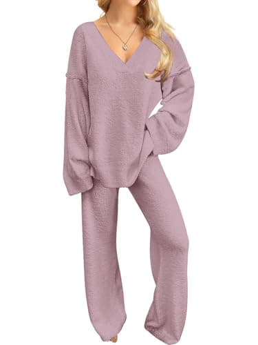 NORACORA Womens 2 Piece Fuzzy Fleece Pajamas Lounge Sets Long Sleeve V Neck Fluffy Pjs Matching Loungewear Lavender - Image 1
