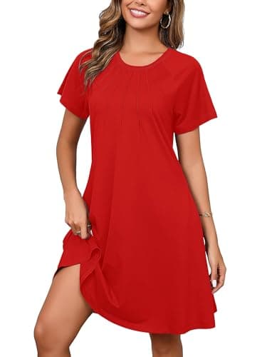 Heymoments Women's Short Sleeve Dress Red Small Round Neck Casual Flowy Midi Sundress Comfy Tshirt Ladies Teachers Summer Beach Swing 2025 Novelty Dresses with Pockets - Image 1