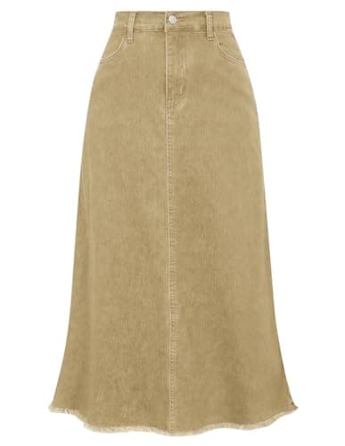 Belle Poque Women's Khaki Maxi Long Jean Skirts Plus Size Elastic High Waist Frayed Raw Hem Demin Skirts L - Image 1