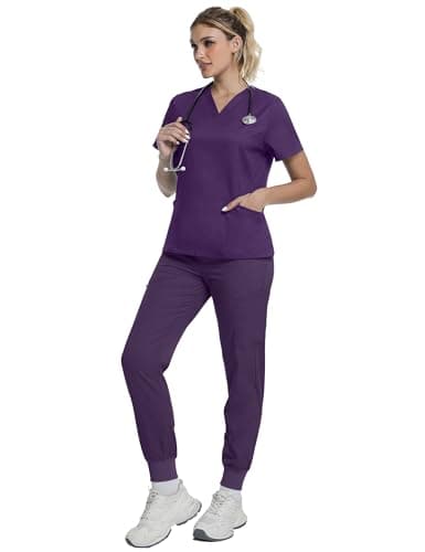 Scrubs for Women, Soft V-Neck Scrub Tops, Stretch and Wrinkle-Free Fabric with 2 Pockets, Breathable & Easy Care Purple - Thumbnail 5