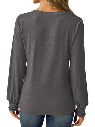 GKBK Womens Long Sleeve Shirts Fall Tops V Neck Business Dressy Casual Blouses with Smocked Cuffs Dark Gray - Thumbnail 4