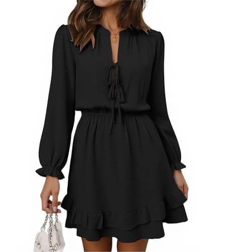 Angashion Women's Tie Front Mini Dress: V Neck Long Sleeve Elastic Waistband Layer Ruffle Hem Dress with Pockets Black Small - Image 1