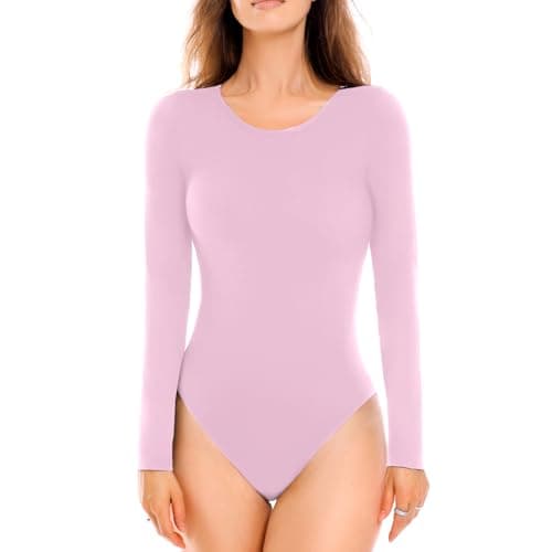 Walifrey Crew Neck Long Sleeve Bodysuit for Women Soft Stretchy Basic Shirts Bodysuits Tops Pink L - Image 1