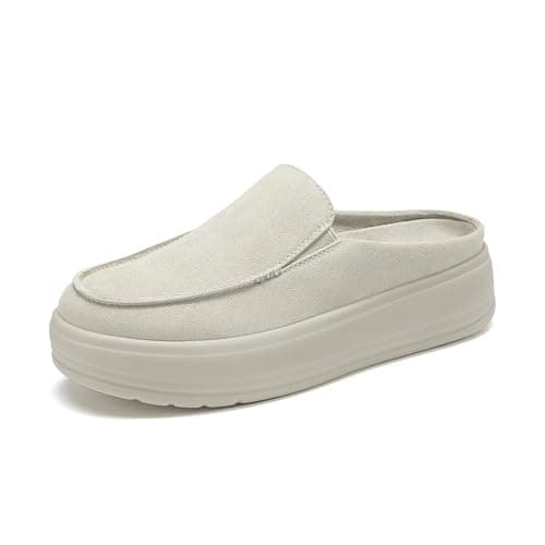 Rihero Suede Mules for Women Lightweight Comfort Slip On Shoes Casual Stylish Platform Clogs for Walking Fall Teachers Beige Size 9.5 - Image 1