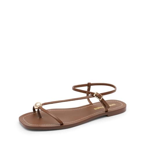 DREAM PAIRS Women's Strappy Flat Sandals for Women Comfortable Open Square Toe Sandals Dressy Beach Thong Cute Wedding Summer Ankle Strap Sandals,Size 8,Brown,SDFS26001W - Image 1