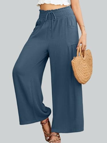 JUYUEO Womens Linen Summer Wide Leg Palazzo Pants High Waist Casual Loung Pant Beach Travel Vacation Harem Pants with Pockets Grey Blue - Thumbnail 2