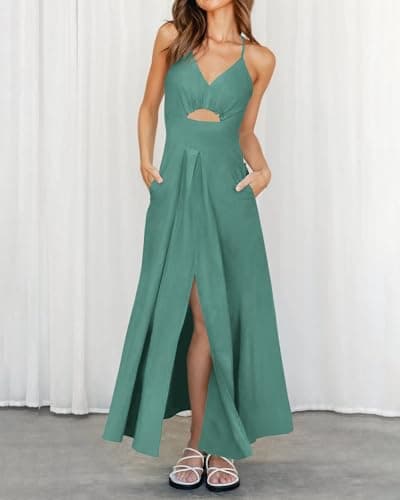 BTFBM Women 2026 Spaghetti Strap Midi Summer Dresses Sleeveless V Neck Cutout Slit Casual Beach Party Maxi Dress Pockets(Grey Green, XX-Large) - Thumbnail 6