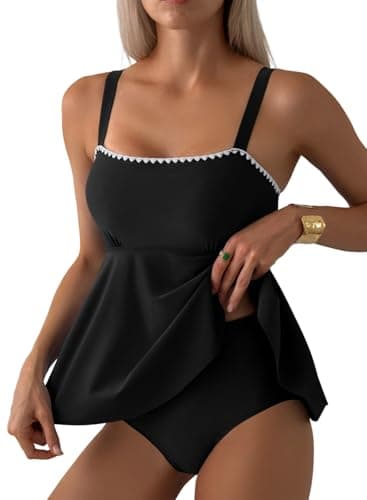 Aleumdr Tankini Swimsuits for Women Modest Two Piece Bathing Suit Square Neck Swim Top with High Waisted Bottom Black Medium - Image 1