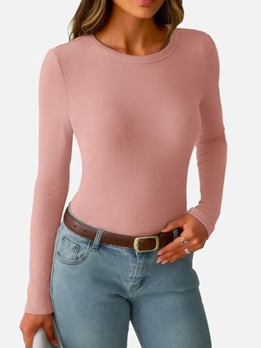 GKBK Womens Long Sleeve Ribbed Tops Slim Fitted Tight Basic T-Shirts Crewneck Cute Layering Lightweight Fall Sweaters 2026 Fashion Outfits Light Pink - Thumbnail 2