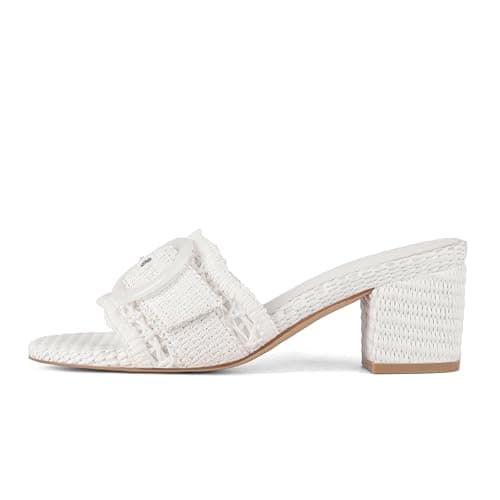 Grakihily Womens Raffia Mule Slides Sandals Open Toe Backless Buckle Heeled Sandals Chunky Block Heel Bohemia Beach Dressy Slip on Summer Shoes,White Size 7.5 - Image 1