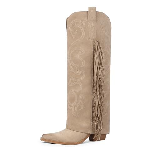 QIY Cowboy Boots Suede Nude Fold Over Knee High Cowgirl Boots for Women Western Fringe Boot Cow Boy Pointy Toe Embroidered Chunky Heel with Tassels Tall Shark Boot for Women Size 9 - Image 1